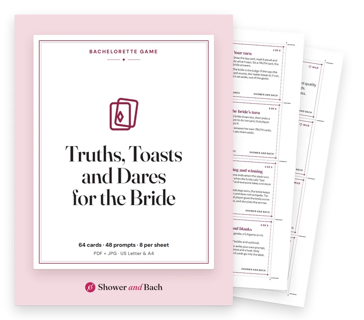 Truths, Toasts and Dares for the Bride: cover with two real pages behind it