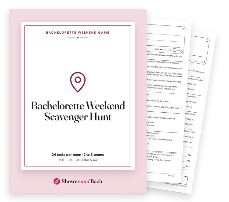 Bachelorette Weekend Scavenger Hunt: cover with two real pages behind it