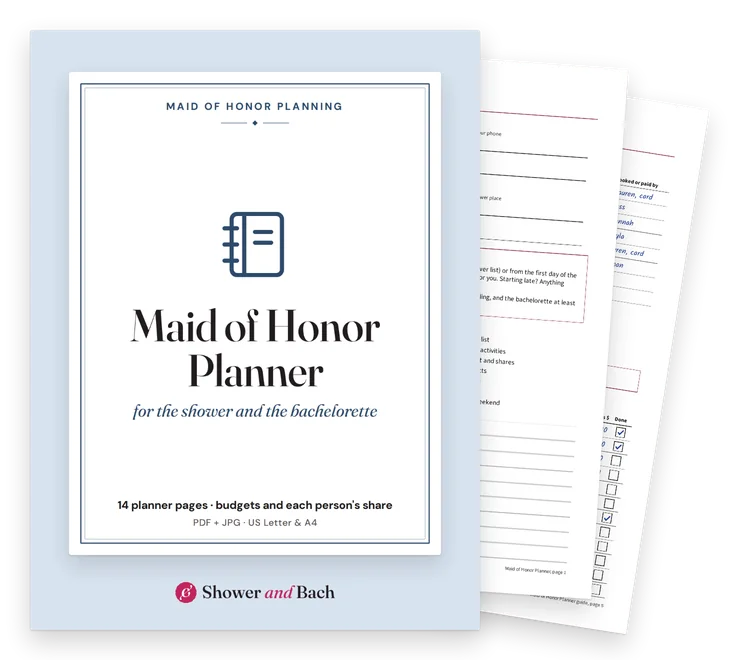 Maid of Honor Shower and Bachelorette Planner: cover with two real pages behind it