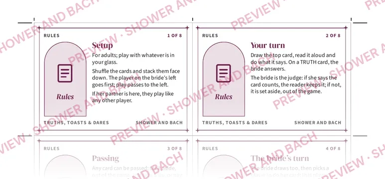 Truths, Toasts and Dares for the Bride, preview: Rule cards (top of the page)
