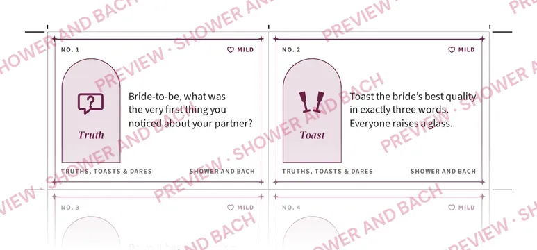 Truths, Toasts and Dares for the Bride, preview: Prompt cards, eight per sheet (top of the page)