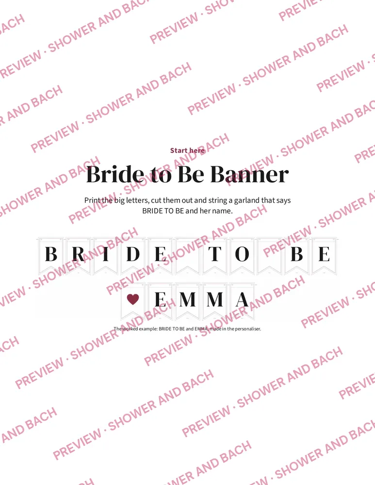 Bride to Be Banner with Any Name, preview: First page of the start-here guide