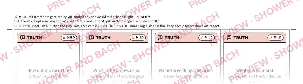 Bachelorette Party Board Game, preview: Card sheet, eight per sheet (top of the page)