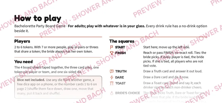 Bachelorette Party Board Game, preview: Rules (top of the page)