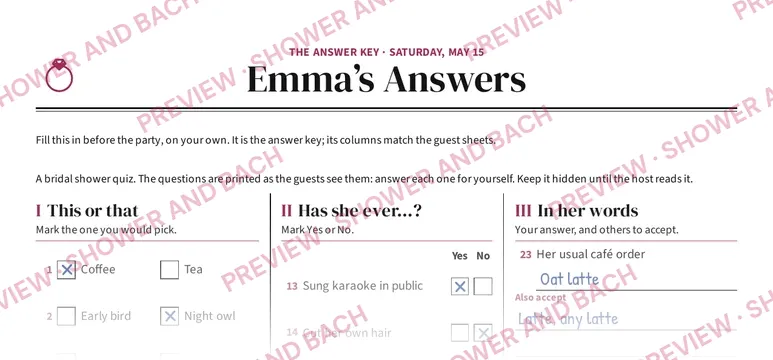 Who Knows the Bride Best?, preview: Worked example: the bride's answer key, filled (top of the page)