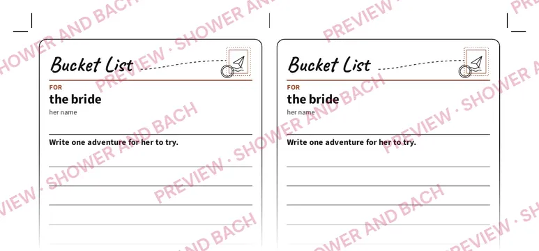 Bucket List for the Bride, preview: Guest cards, four per sheet (top of the page)