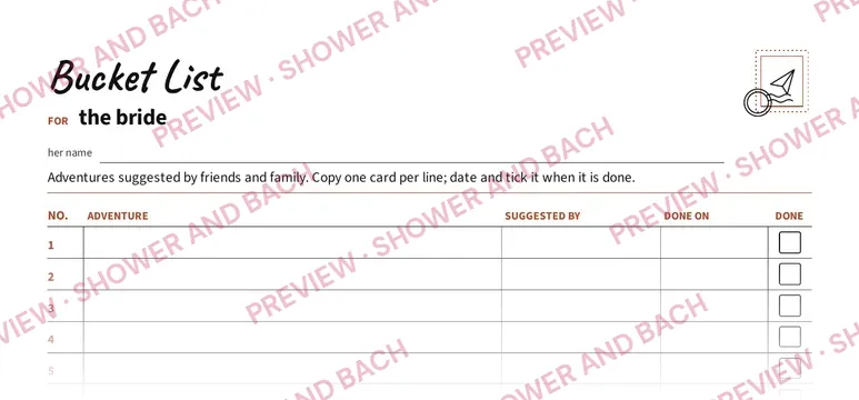 Bucket List for the Bride, preview: Keepsake list (top of the page)
