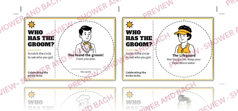 Who Has the Groom? Scratch-Off Cards, preview: Card sheet, eight per sheet (top of the page)