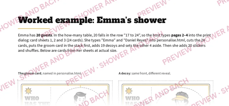 Who Has the Groom? Scratch-Off Cards, preview: Worked example from the guide (top of the page)