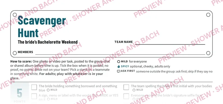 Bachelorette Weekend Scavenger Hunt, preview: Team sheet with point tiers (top of the page)
