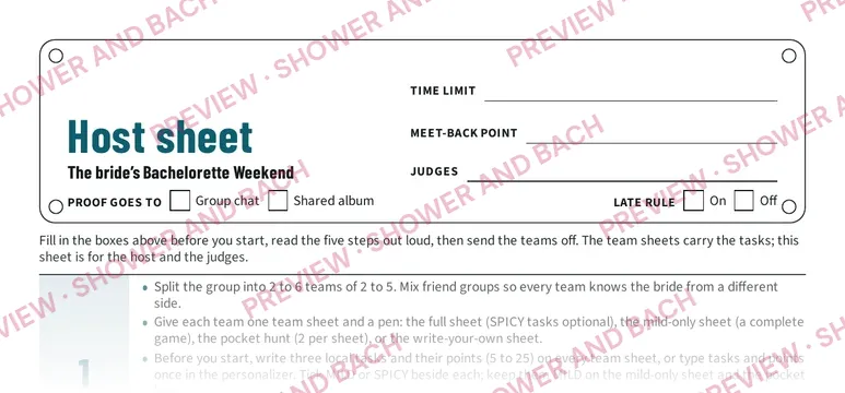 Bachelorette Weekend Scavenger Hunt, preview: Host sheet (top of the page)