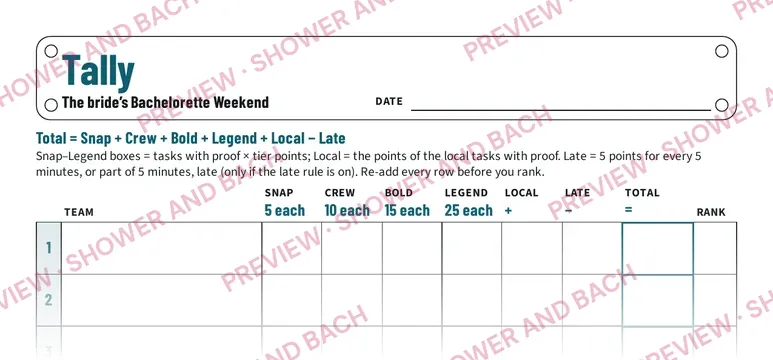 Bachelorette Weekend Scavenger Hunt, preview: Tally sheet (top of the page)