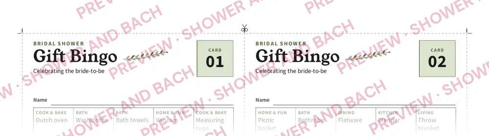 Bridal Shower Gift Bingo, preview: Bingo cards, two per sheet (top of the page)