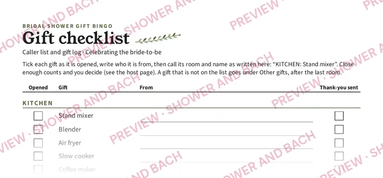 Bridal Shower Gift Bingo, preview: The host's gift checklist (top of the page)
