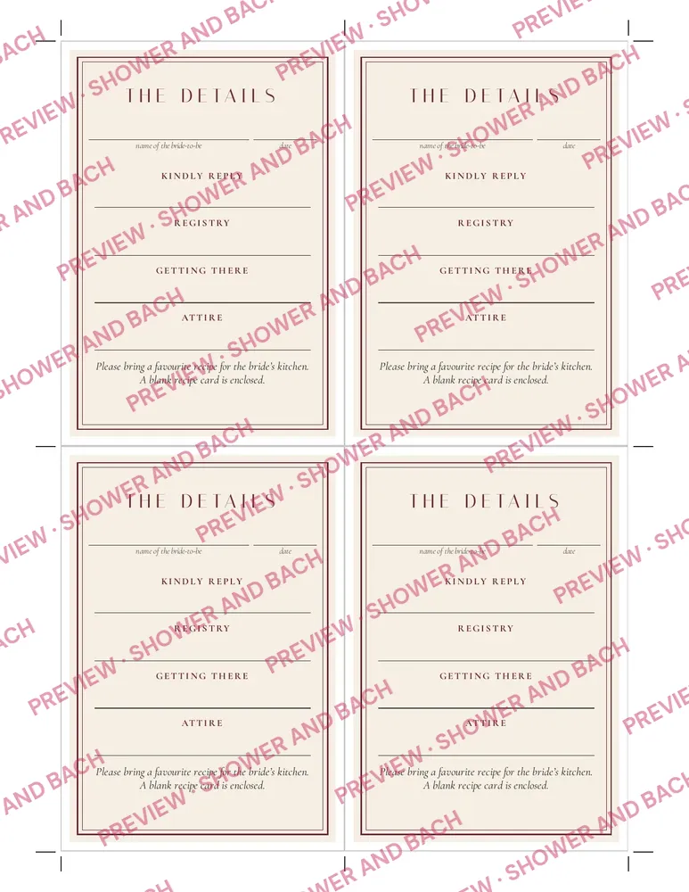 Bridal Shower Invitation with Details Card and Recipe Card, preview: Details cards, four per sheet