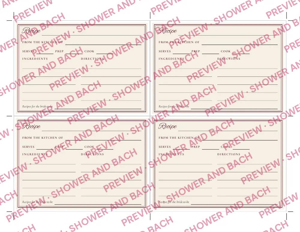 Bridal Shower Invitation with Details Card and Recipe Card, preview: Recipe cards, four per sheet