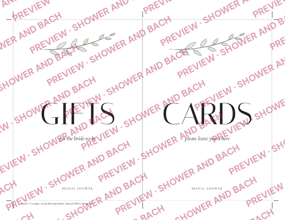 Bridal Shower Table Signs, preview: 5 × 7 in signs, two per sheet