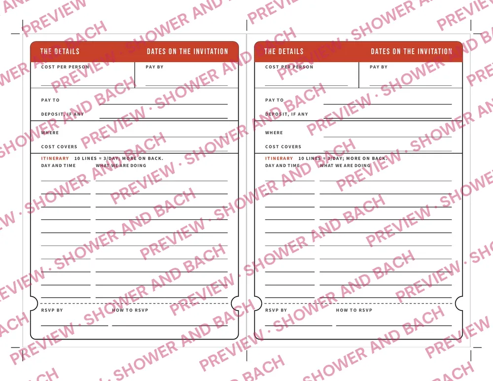 Bachelorette Weekend Invitation with Details Card, preview: Details card sheet, blank