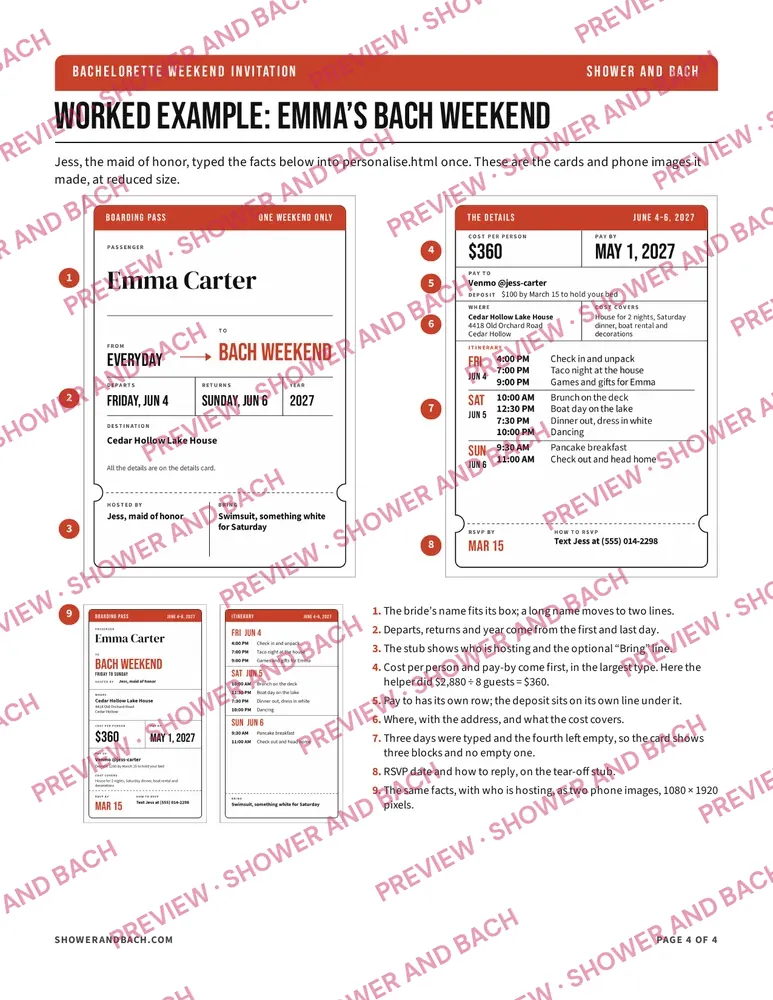 Bachelorette Weekend Invitation with Details Card, preview: Worked example from the guide