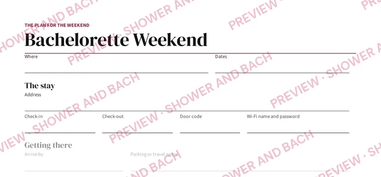 Bachelorette Weekend Itinerary, preview: Cover page, blank (top of the page)