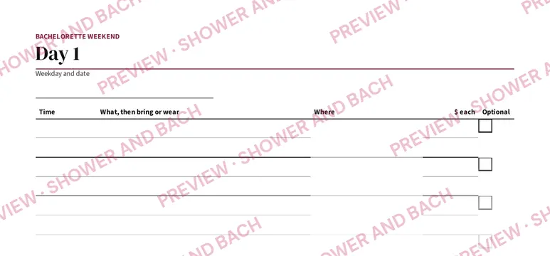 Bachelorette Weekend Itinerary, preview: Day page, blank (top of the page)