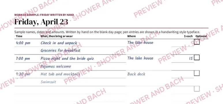 Bachelorette Weekend Itinerary, preview: Worked example: a filled day from the guide (top of the page)