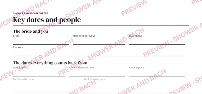 Maid of Honor Shower and Bachelorette Planner, preview: Key dates and people (top of the page)