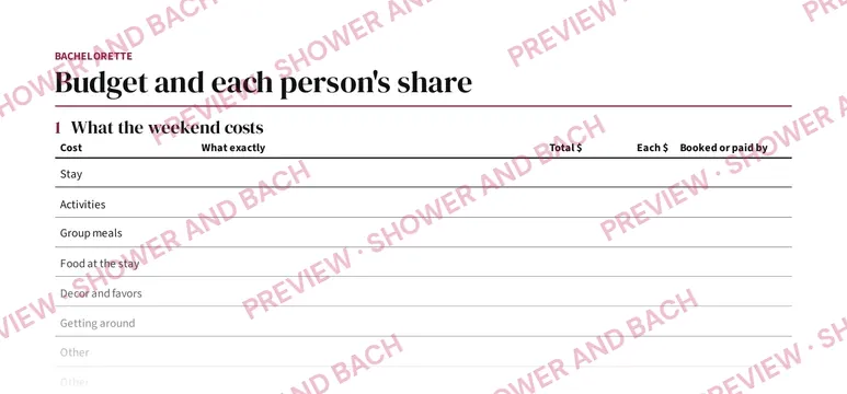 Maid of Honor Shower and Bachelorette Planner, preview: Budget and each person's share (top of the page)