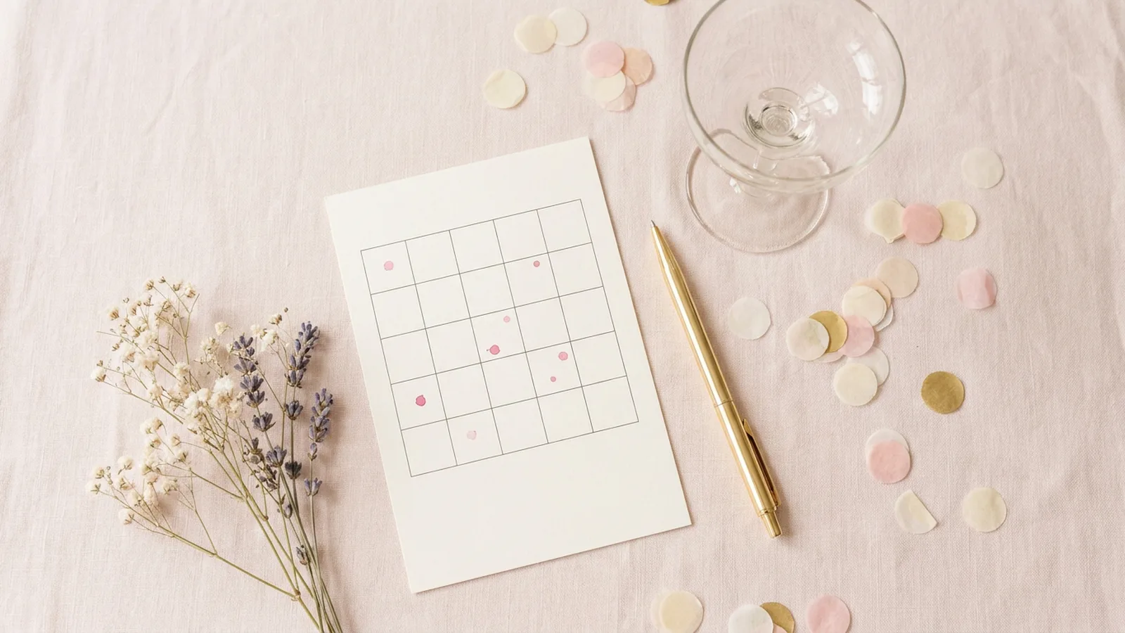 Illustration seen from above: a blank paper bingo grid with a few pink dots, a gold pen, an empty coupe glass, dried flowers and paper confetti on blush linen (illustration, no text)