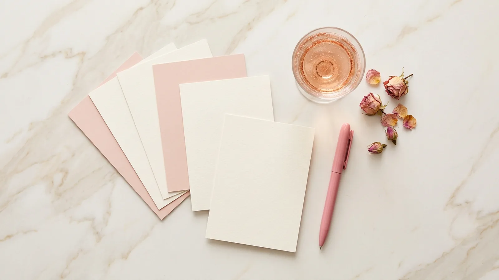 Illustration seen from above: blank cream and blush cards fanned on white marble beside a glass of rosé, a pink pen and dried rosebuds (illustration, no text)