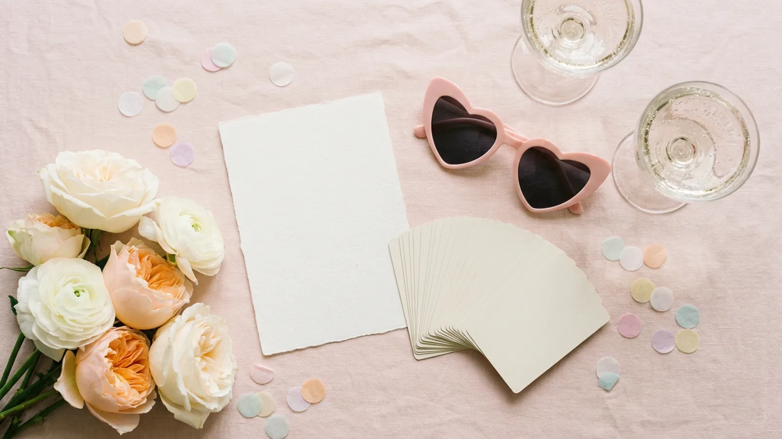 Illustration: a flat lay of blank cards, heart-shaped sunglasses, peach roses, two glasses and pastel confetti on a pink linen cloth.