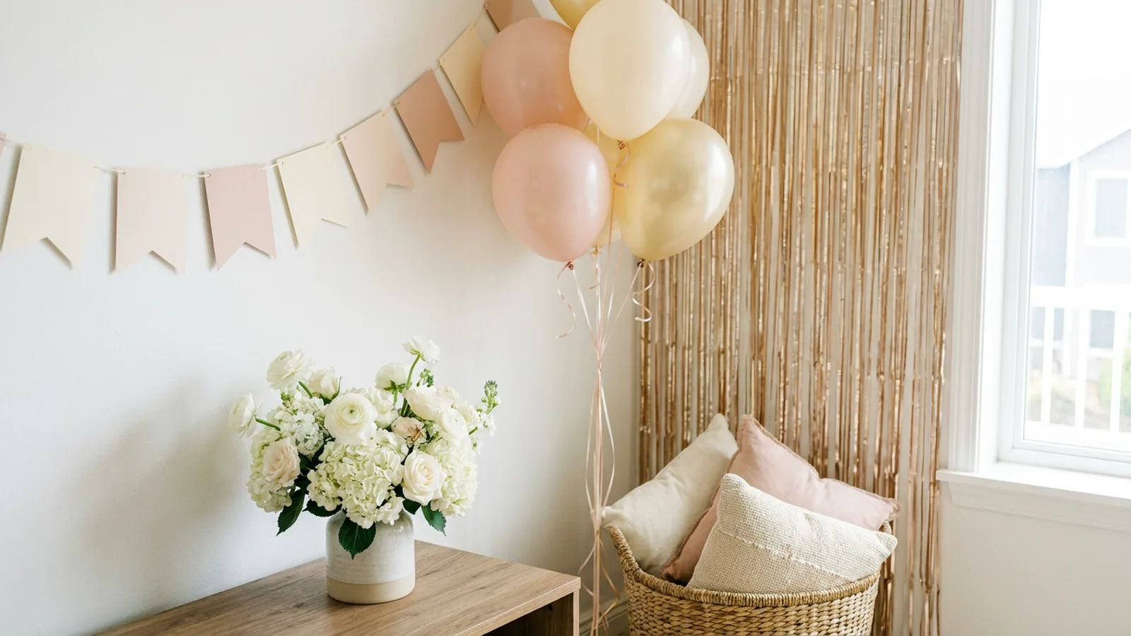 Illustration: a corner of a bright room with a blank pastel pennant garland, blush and gold balloons, a gold fringe curtain, white flowers and a basket of cushions.