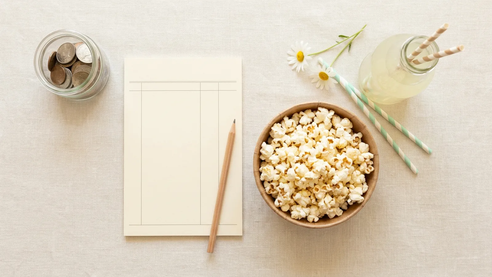 Illustration: a jar of coins, a blank ruled sheet with a pencil, a bowl of popcorn, a bottle of lemonade with striped straws and daisies on linen.