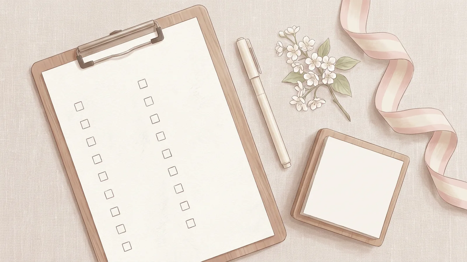 Illustration of a planning flat-lay: a blank paper checklist on a clipboard, a pen, a blank note block, a sprig of white flowers and a pink ribbon on a pale linen table. No text.