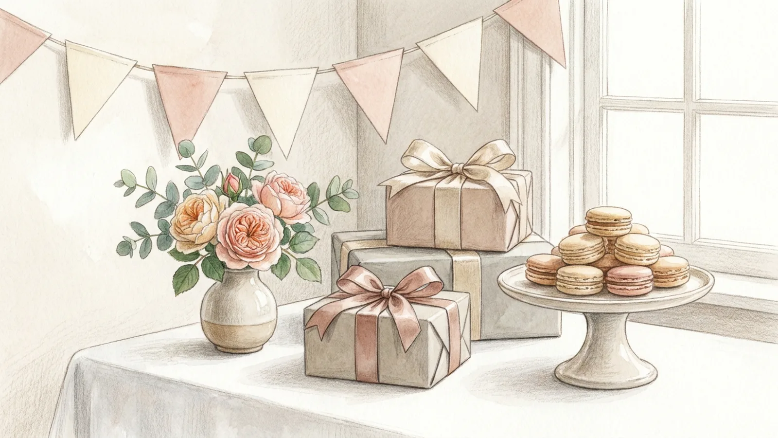 Illustration of a bridal shower gift table: a garland of blank paper pennants, wrapped gifts with satin ribbons, roses in a small vase and a cake stand. No text.