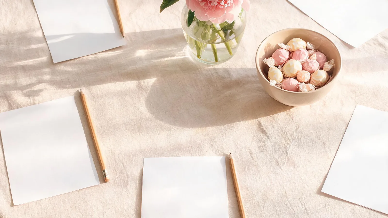 Illustration: blank sheets of paper and pencils around a bowl of pastel wrapped candies and a vase of pink peonies on a linen tablecloth.