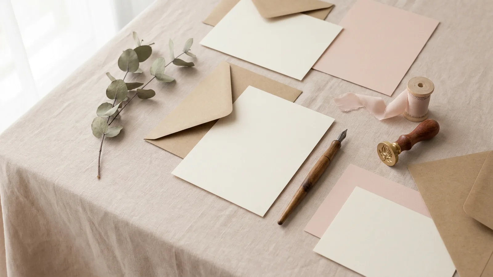 Illustration: blank cream and blush cards with kraft envelopes, a eucalyptus sprig, a dip pen, ribbon and a wax seal on linen.