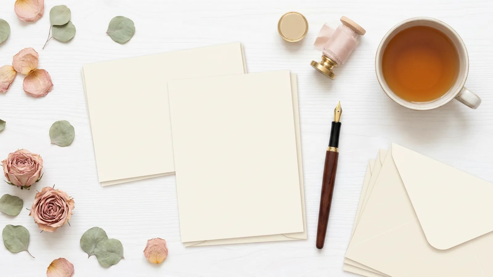 Illustration of blank folded note cards, cream envelopes, a fountain pen, a wax seal stamp and a cup of tea on a white desk. No text.