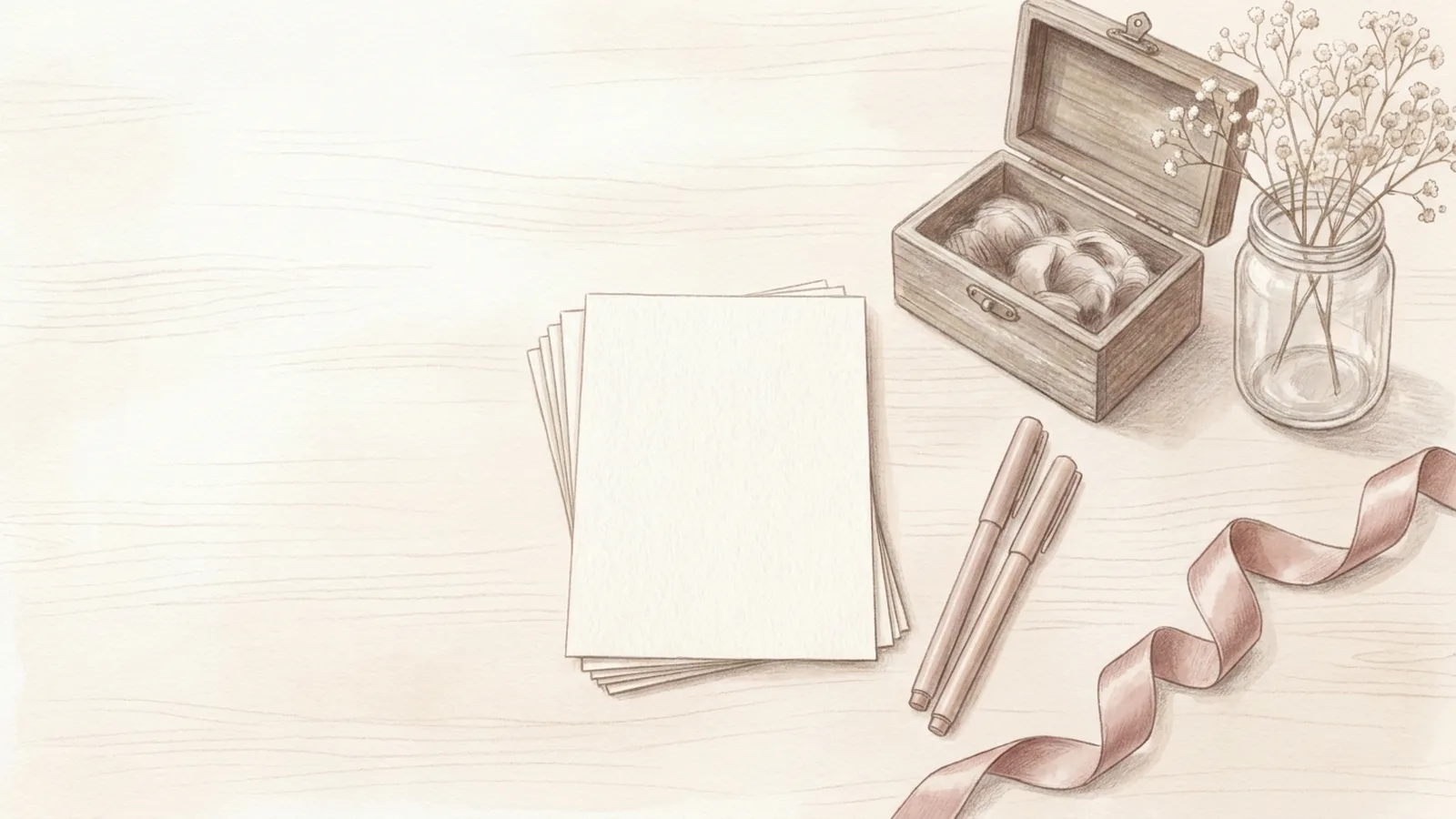 Illustration of a wish card station: blank cream cards, pens, a small open wooden box, a glass jar and a sprig of baby's breath on a pale wooden table. No text.