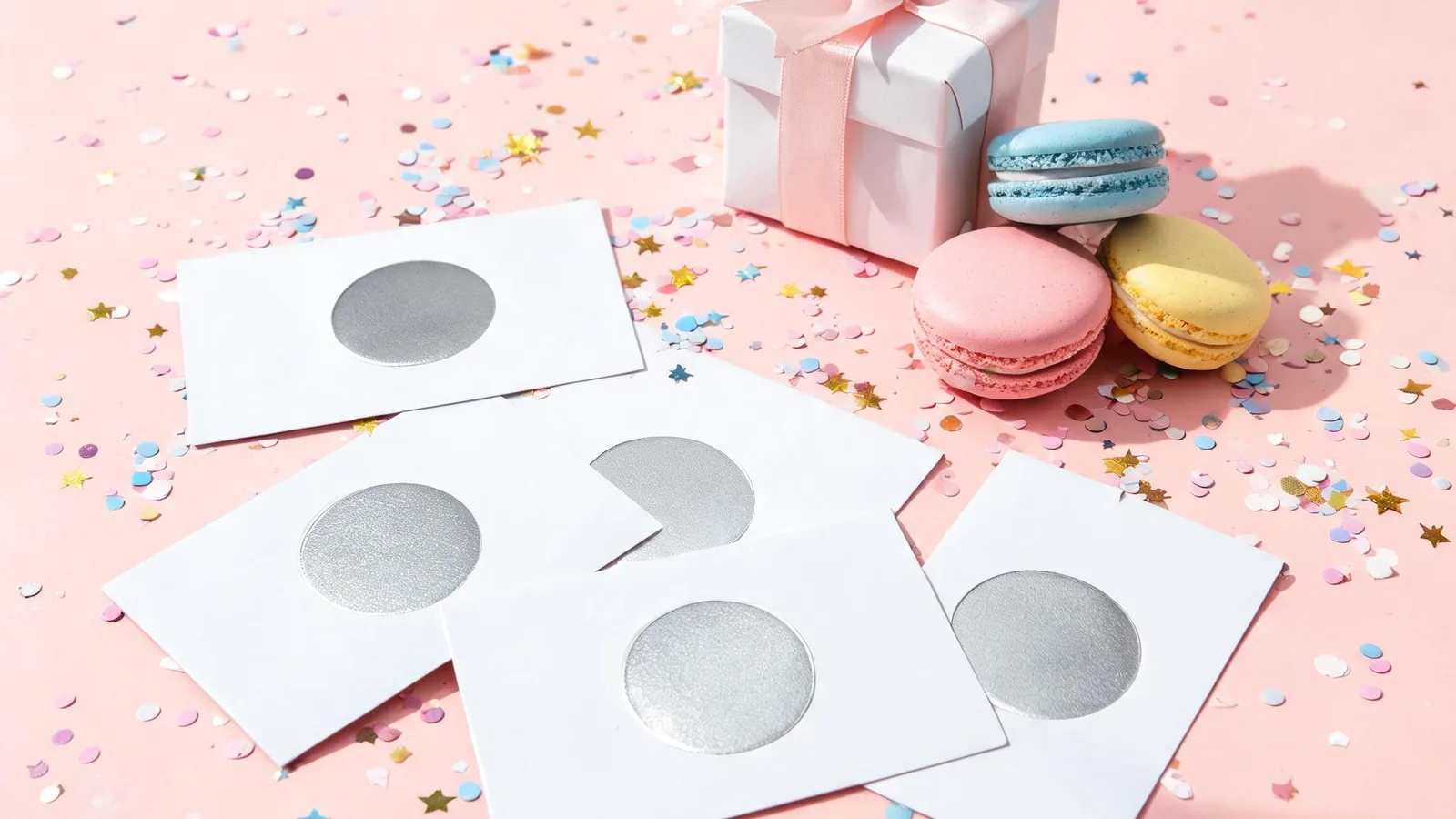 Illustration: blank white cards with silver scratch-off circles, macarons, a small gift box and confetti on a pink table.
