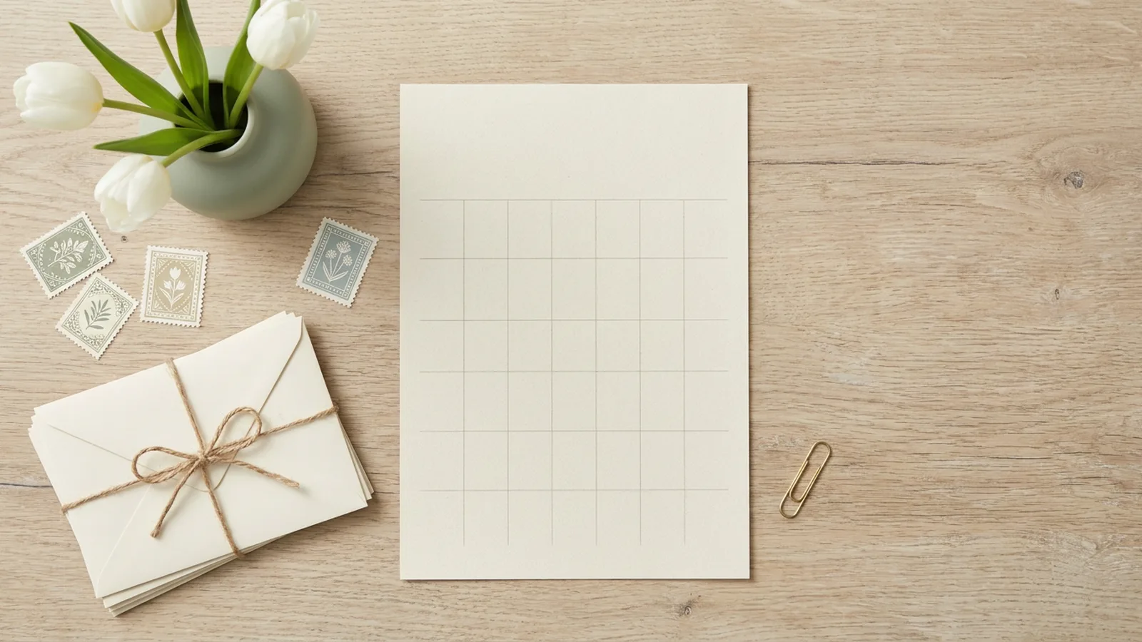 Illustration: a blank calendar grid on a pale wooden desk beside twine-tied envelopes, floral stamps, white tulips and a paper clip.