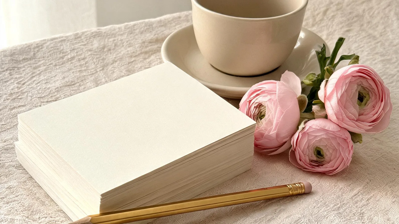 Illustration: a stack of blank cream cards and a gold pencil beside pink ranunculus and a cup and saucer on a linen cloth.