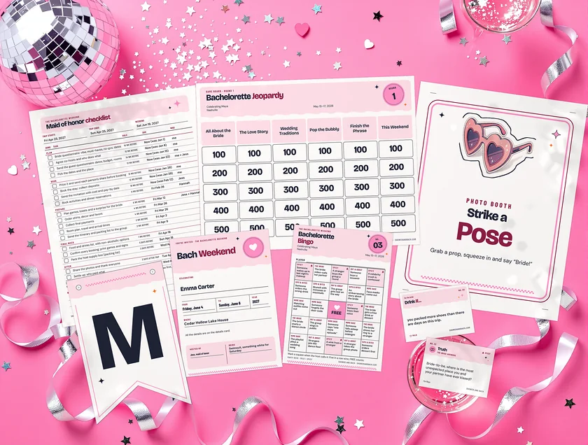 The Complete Bachelorette Weekend: real printed pages from the bundle on a pink party set