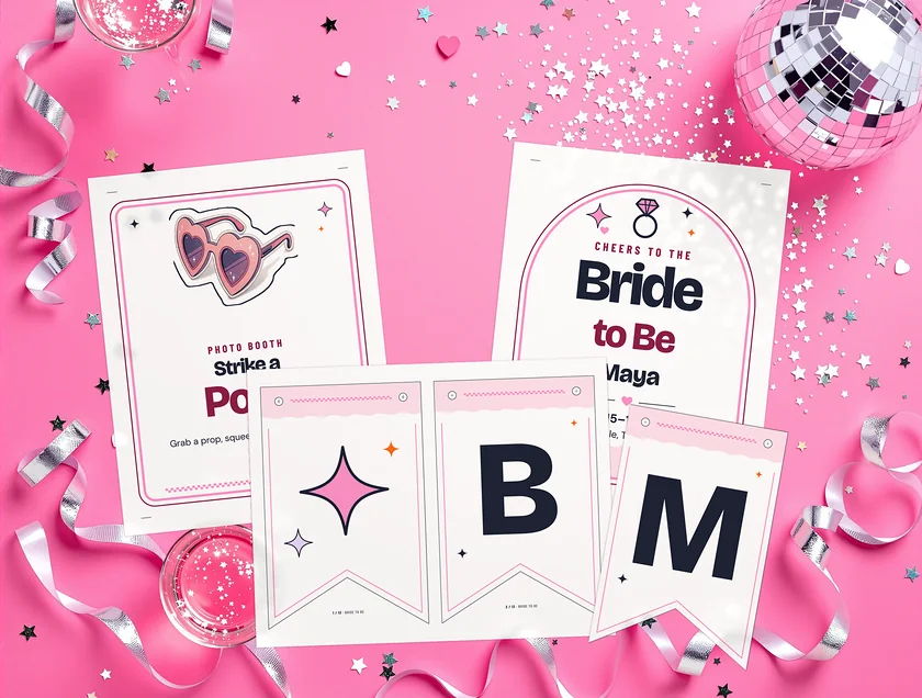 The Bachelorette Decor Bundle: real printed pages from the bundle on a pink party set