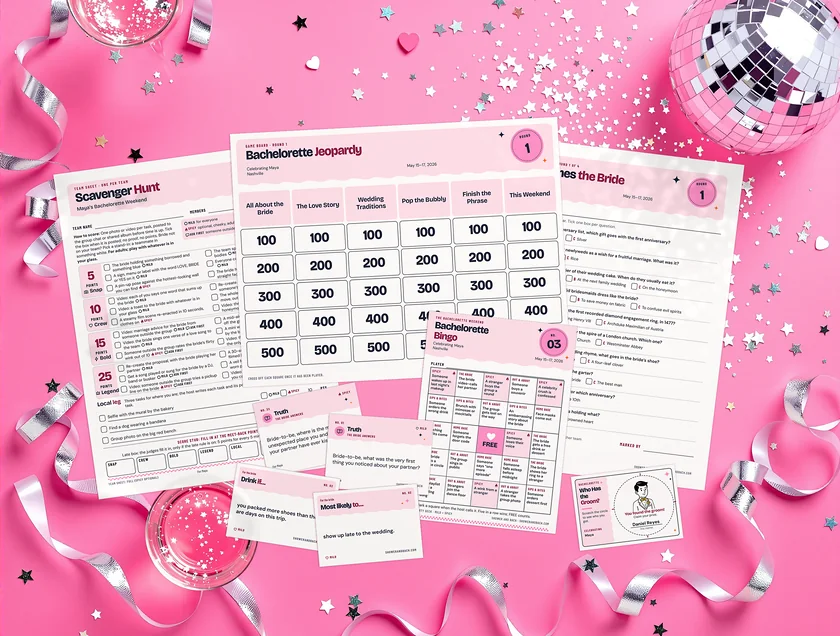 The Bachelorette Games Bundle: real printed pages from the bundle on a pink party set