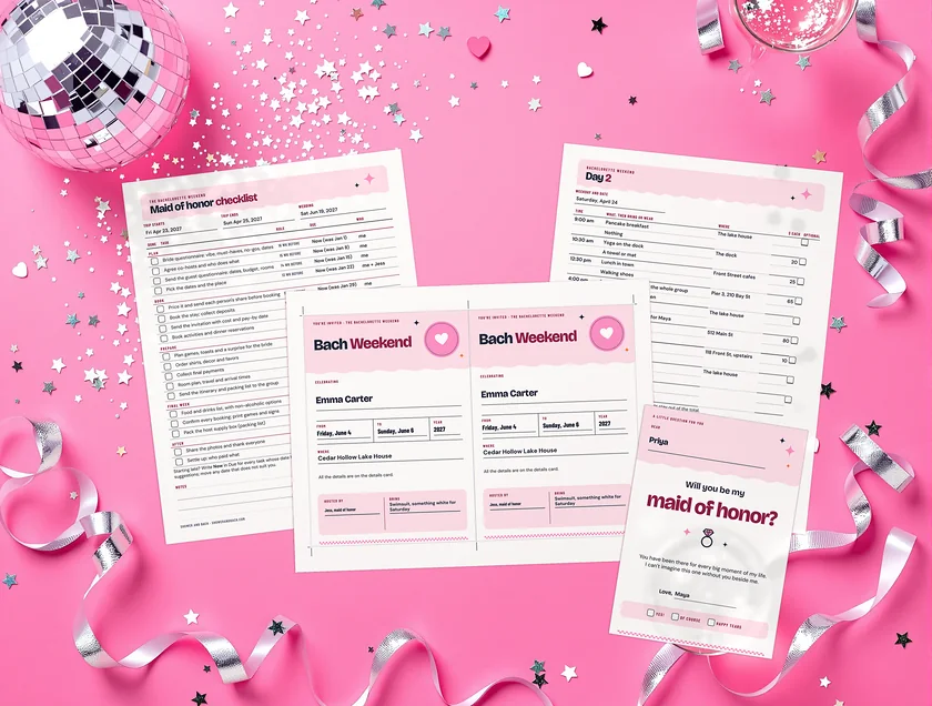 The Weekend Planning Bundle: real printed pages from the bundle on a pink party set
