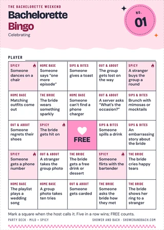 Bachelorette Bingo card: a real page from the PDF with the name line empty, and the name you type drawn on it