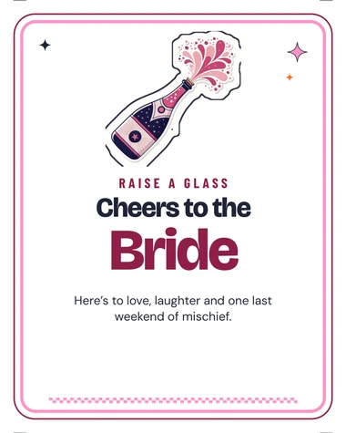 Cheers to the Bride sign: a real page from the PDF with the name line empty, and the name you type drawn on it