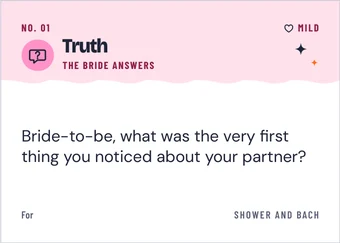 Truths, Toasts and Dares card: a real page from the PDF with the name line empty, and the name you type drawn on it