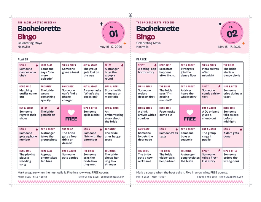 Bachelorette Bingo: a whole page, example filled in